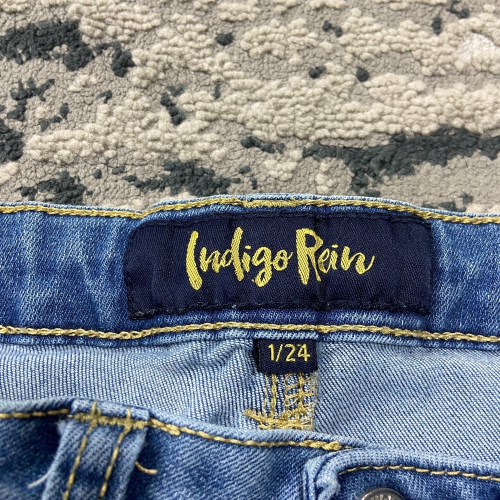 Y2K Indigo Rein Bootcut Flared Jeans Sz 1/24 Blue Whiskering Denim Distressed - Picture 5 of 7